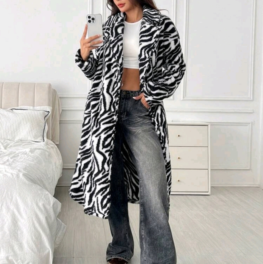Women's Zebra Print Fluffy Long Coat - Picture 3 of 7